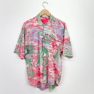 Shore Club Men’s Vintage Pink Tropical Hawaiian Tiki Short Sleeve Buttondown